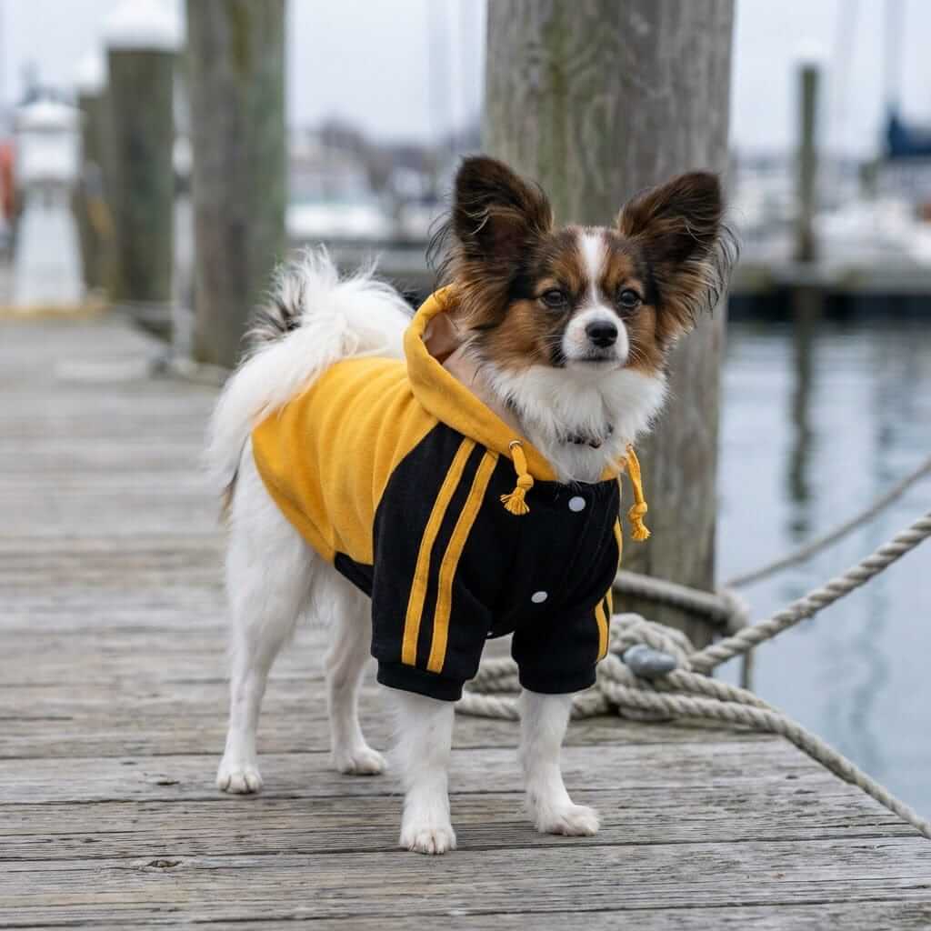 One The Ready Dog Hooded Sweater on a stylish dog by the water, featuring breathable fabric and a soft design for comfort.