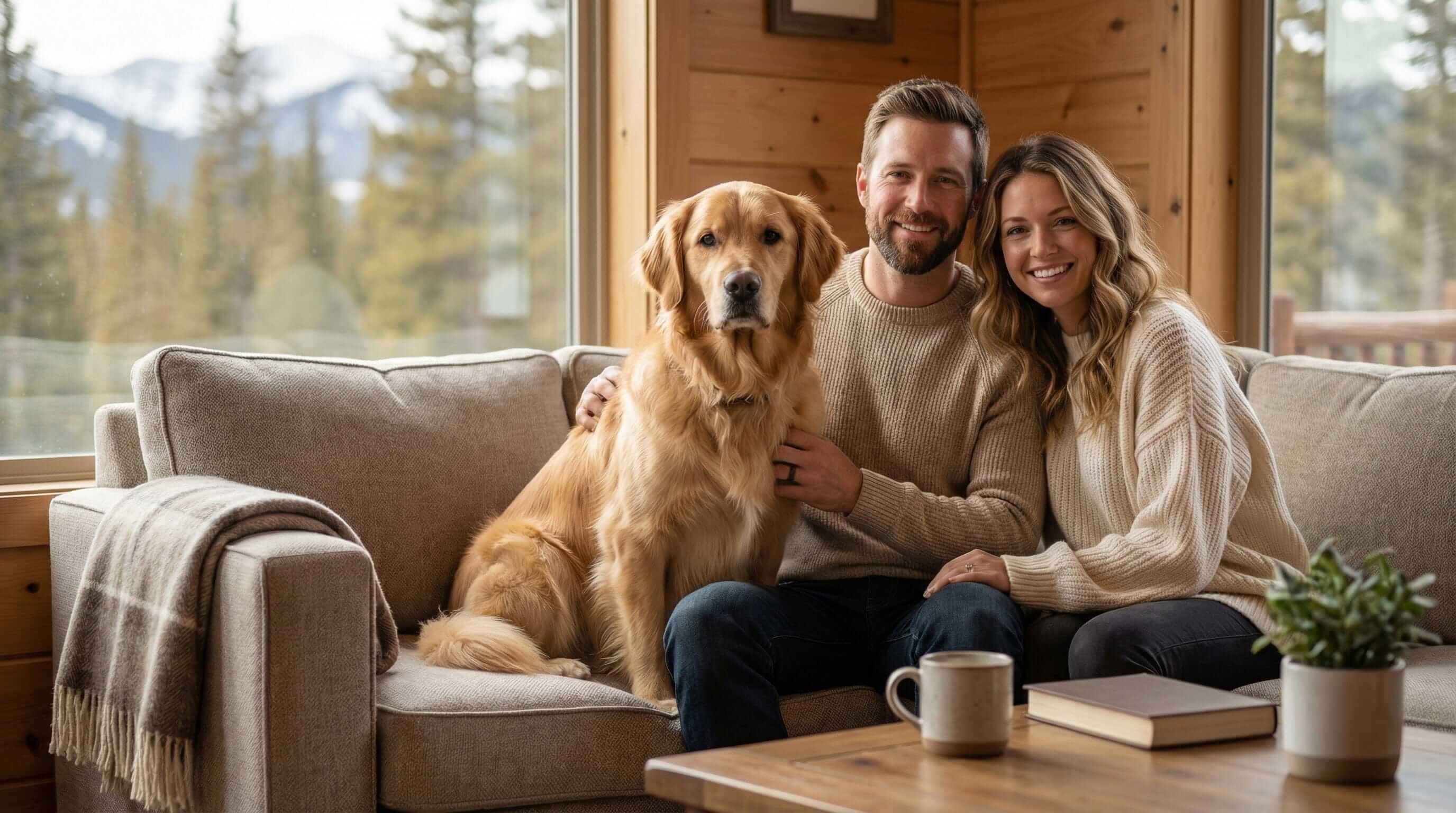 Happy couple with their golden retriever in a cozy home by Dogs & Cats, showcasing love for pets.