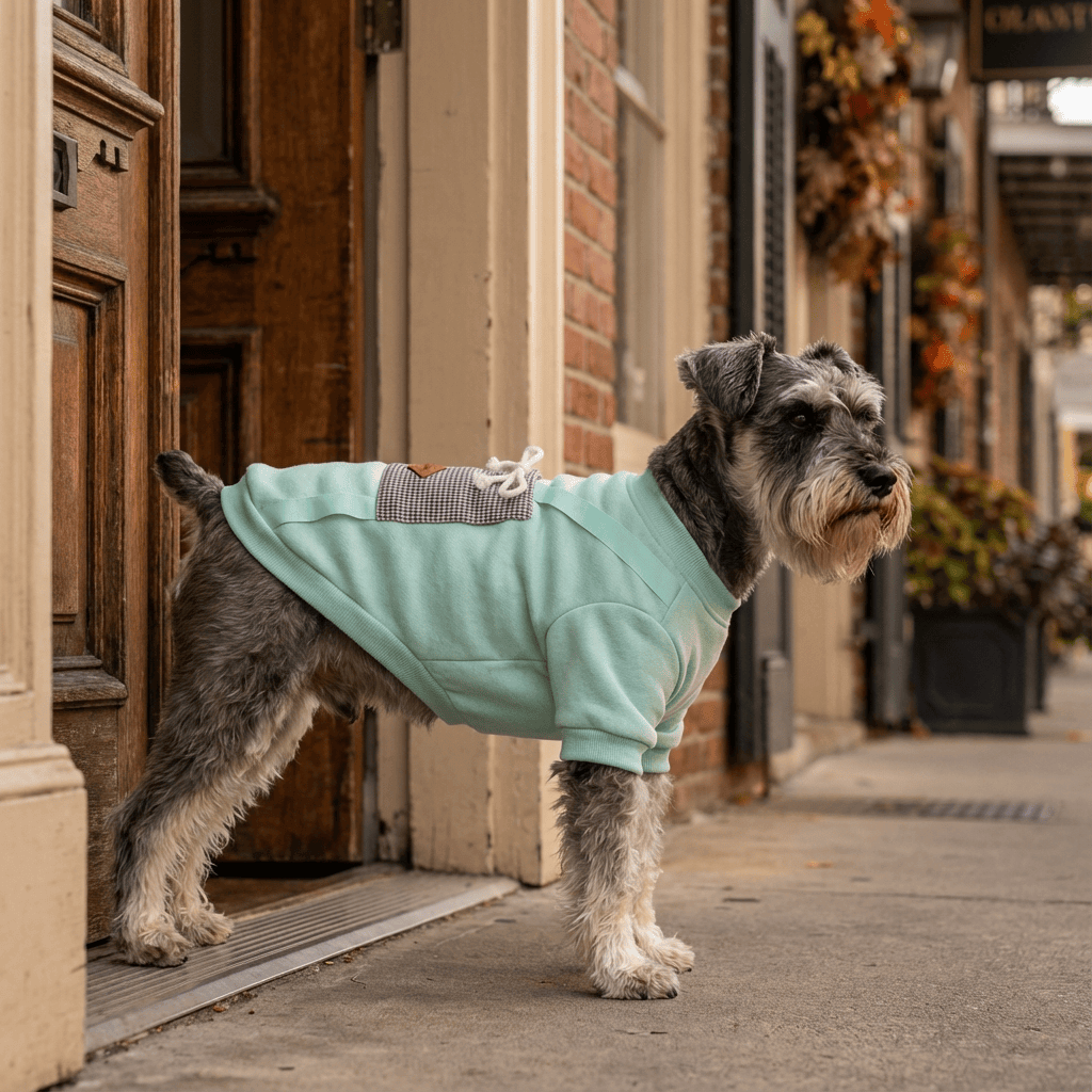 Padded Dog Sweater on a dog, cozy and stylish hoodie, breathable fabric, designed for dogs and cats by Dogs & Cats.