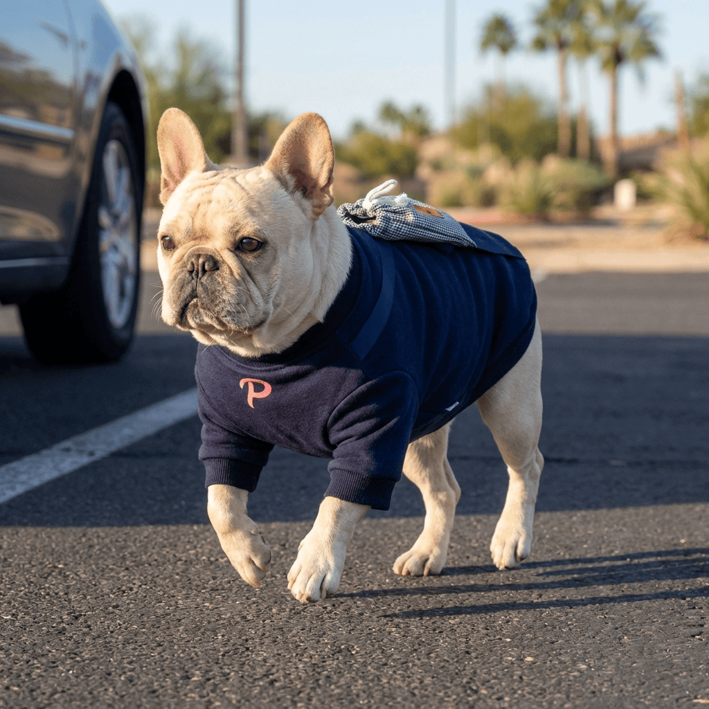 Padded Dog Sweater on a French Bulldog, showcasing cozy, breathable fabric and stylish design by Dogs & Cats.