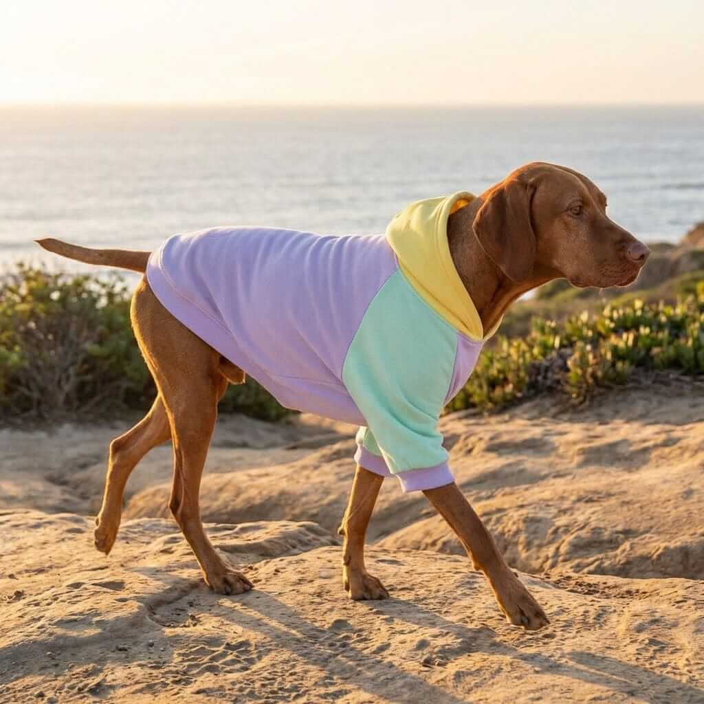 Pastel Comfort Dog Hoodie on a dog walking outdoors, featuring soft cotton fabric and modern design for comfort.