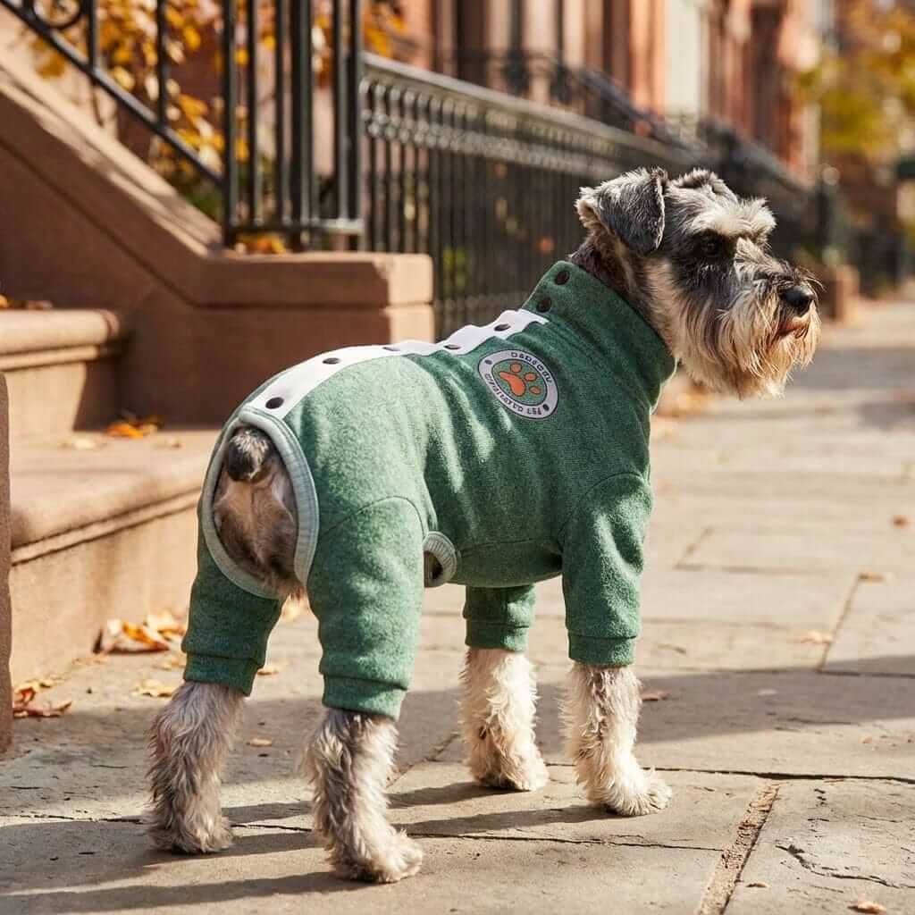 Paw Print Teddy Dog Sweater on a stylish dog outdoors, featuring breathable fleece fabric and lightweight design.