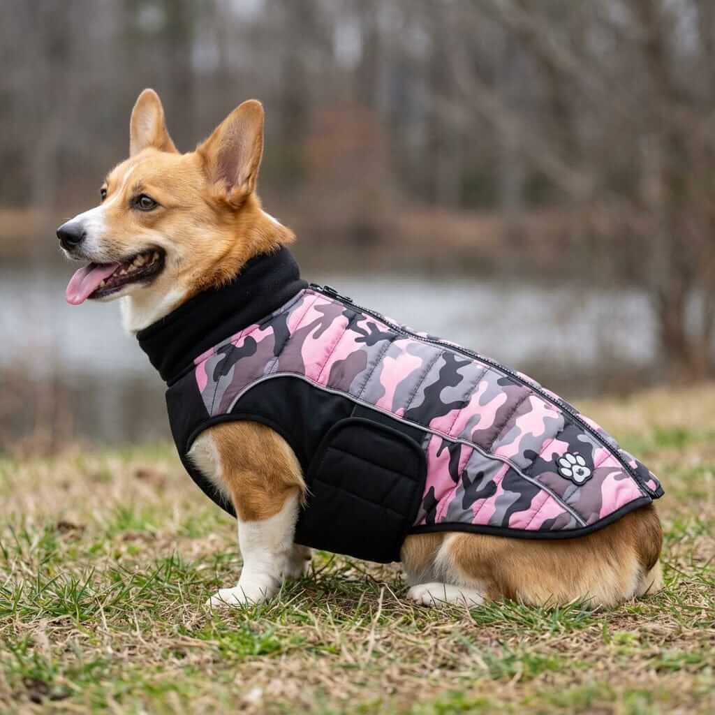 Corgi wearing a stylish Paw Windproof Back Zipper Dog Coat in pink camouflage, perfect for keeping pets warm and cozy.