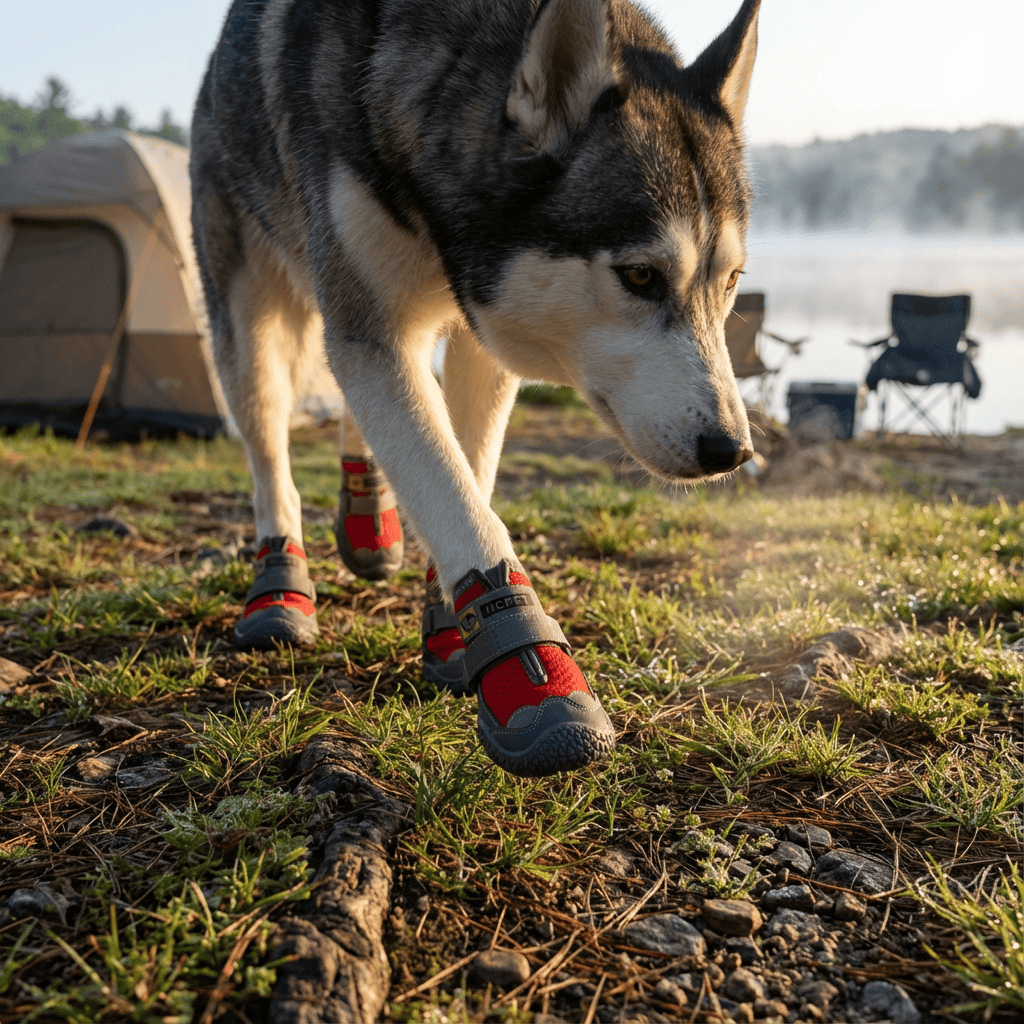 PawGuard Dog Boots on a Husky walking outdoors, designed for protection, comfort, and traction for dogs and cats.