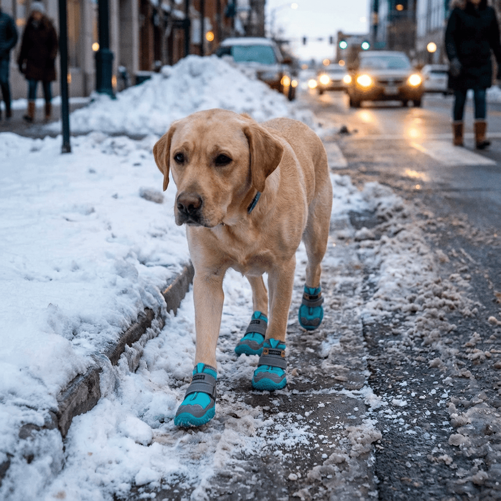 A Labrador wearing PawGuard Dog Boots walking on a snowy street, showcasing protection and comfort in winter.