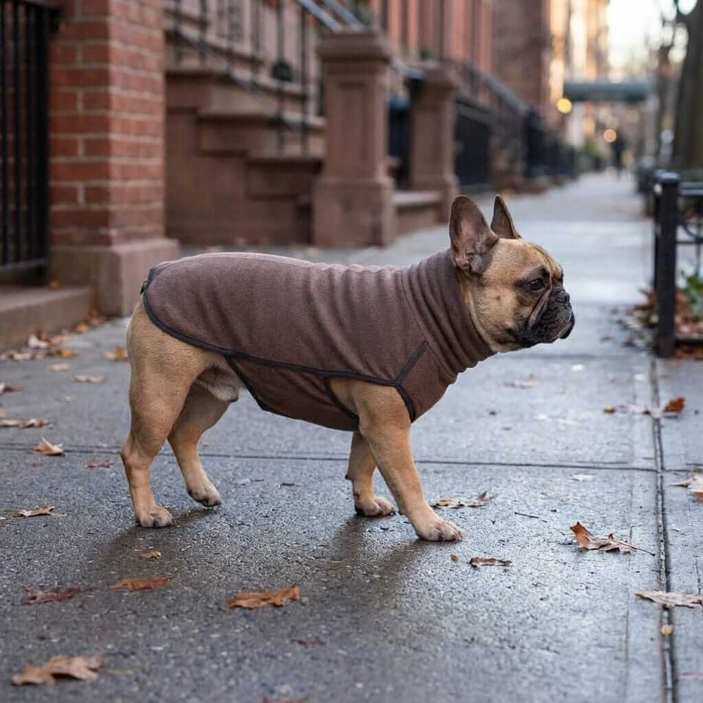 Pawing Packs Winter Dog Coat on a French Bulldog, featuring breathable fabric, easy wear for dogs and cats.
