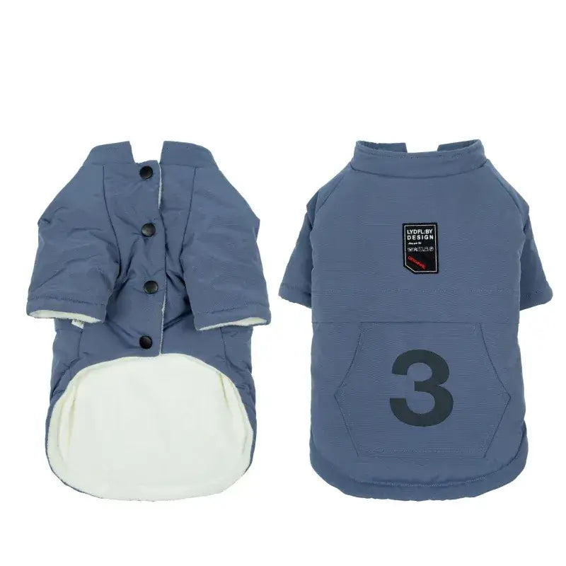 Paws For Effect Winter Dog Coat shown in blue color, featuring breathable fabric, lightweight design, and easy wear for dogs.
