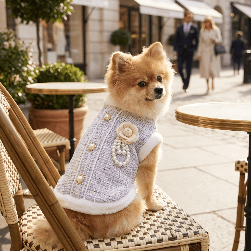 Pearl Fur Dog Jacket on a Pom in a cozy café, featuring faux fur collar and pearl design for stylish warmth.