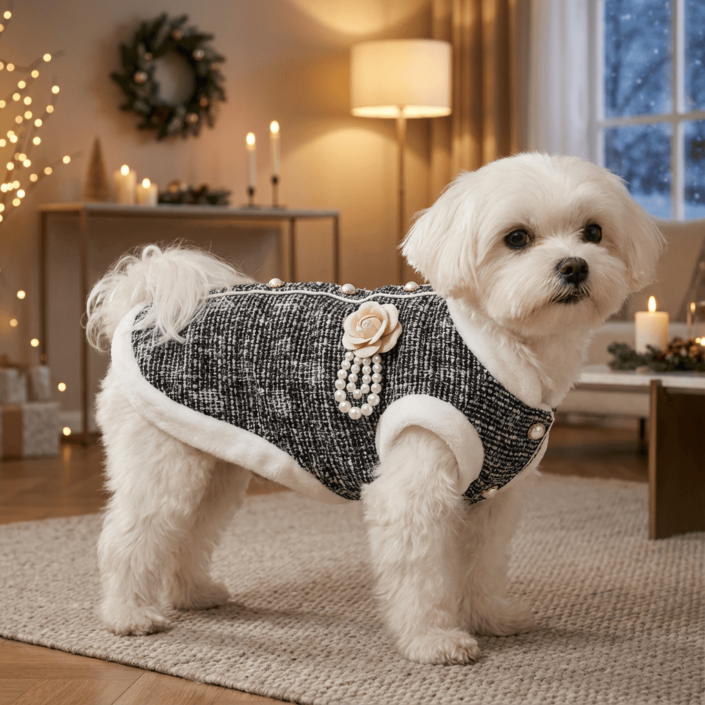 Pearl Fur Dog Jacket for stylish dogs, featuring faux fur collar and chic pearl design by Dogs & Cats.