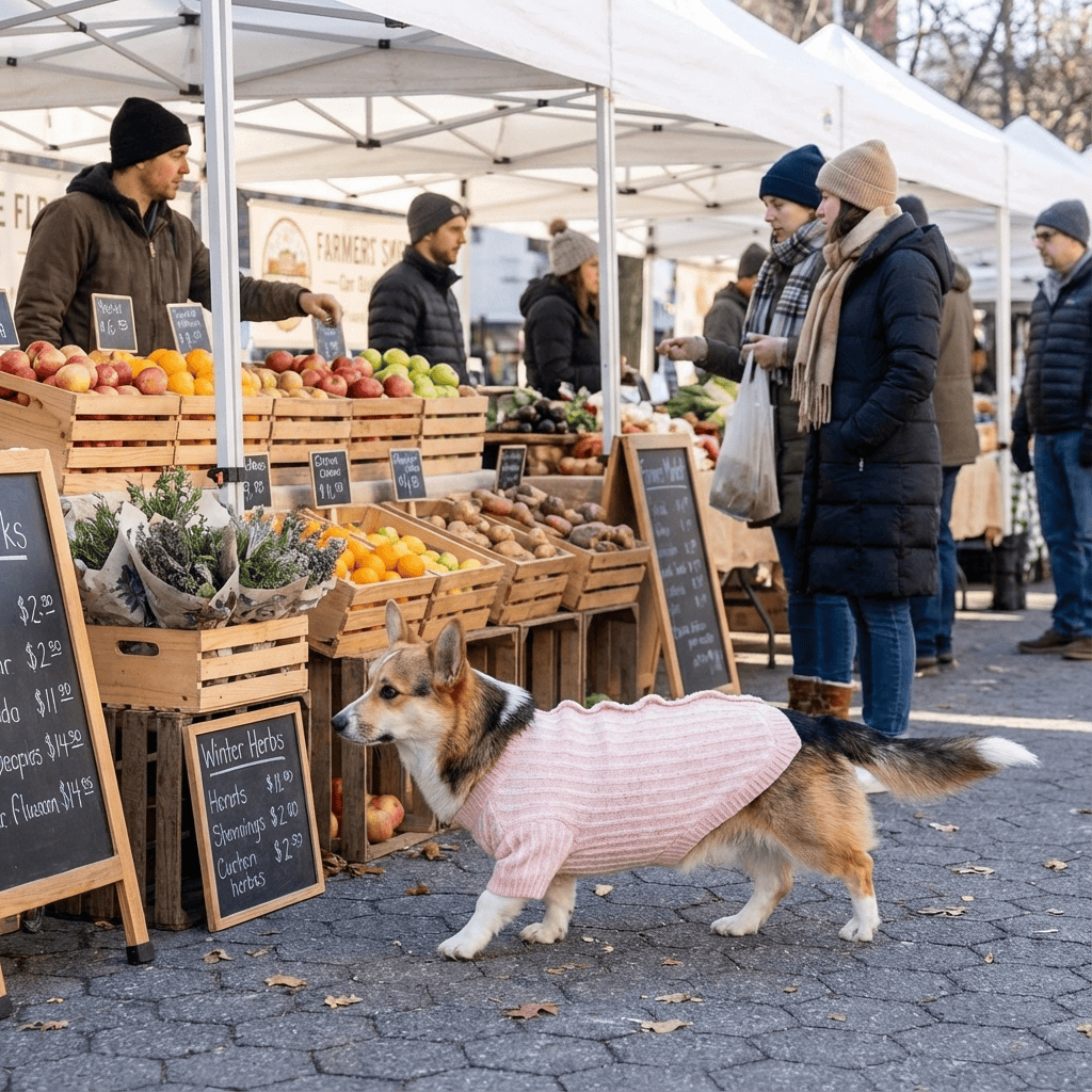 A dog wearing a Pearl Knit Dog Sweater at a farmer's market, showcasing elegance and warmth, ideal for small dogs and cats.