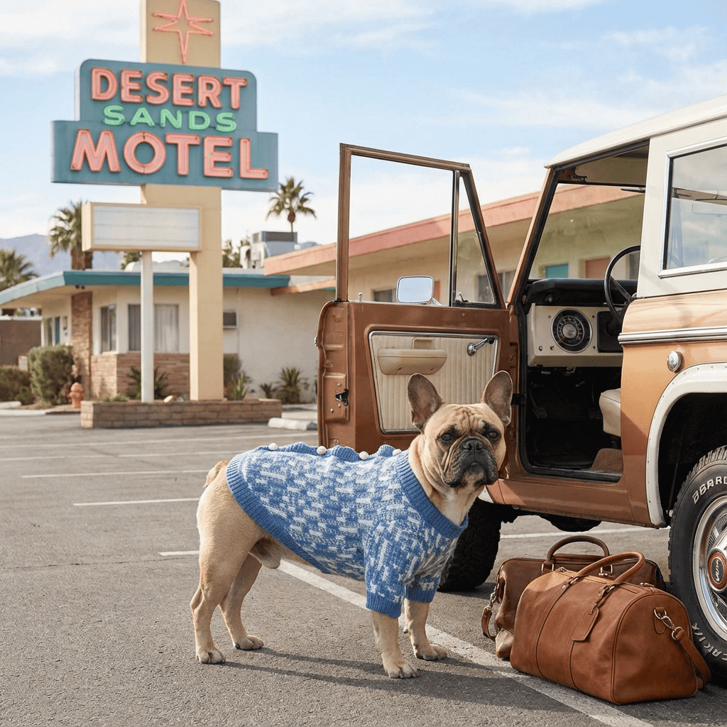 Pearl Knit Dog Sweater on a stylish dog at Desert Sands Motel, showcasing comfort and elegance for dogs and cats.