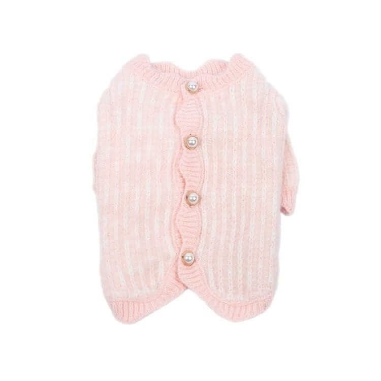 Pearl Knit Dog Sweater, pink knit cardigan with pearl buttons for small dogs and cats, stylish and warm.