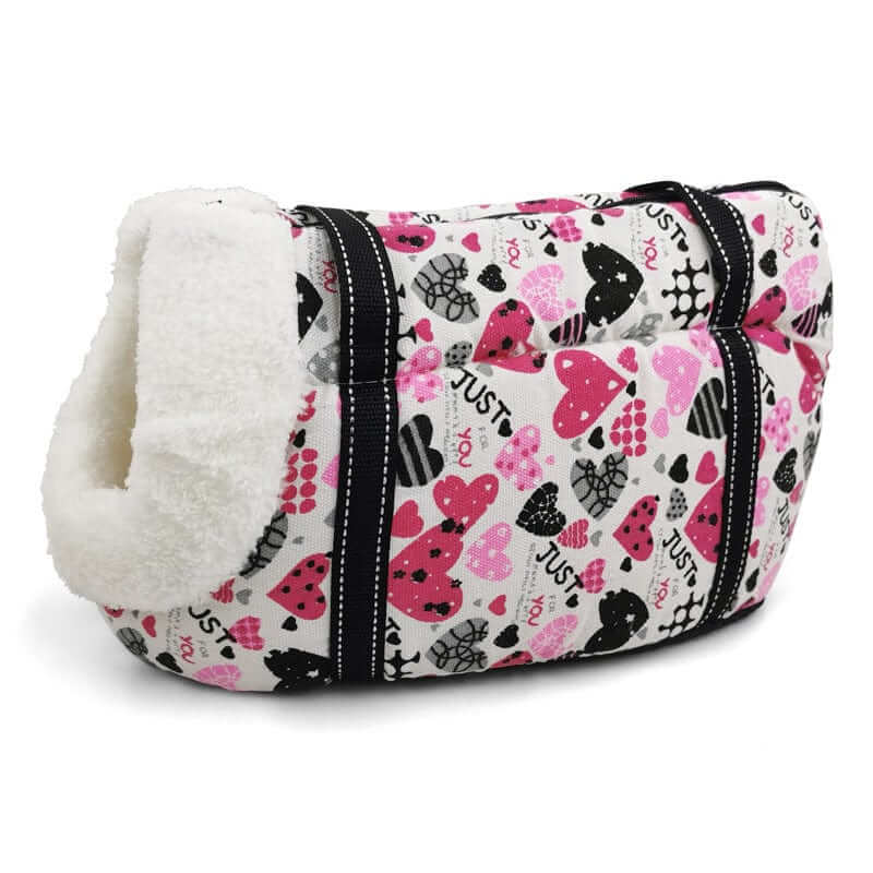 Pet Travel Shoulder Bag for Dogs & Cats, breathable mesh carrier, hands-free convenience, pink hearts design.