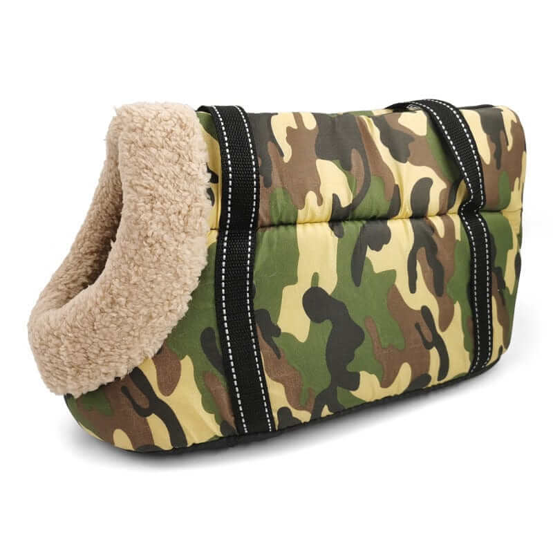 Pet Travel Shoulder Bag for dogs and cats, breathable mesh carrier, hands-free convenience, camouflage design.