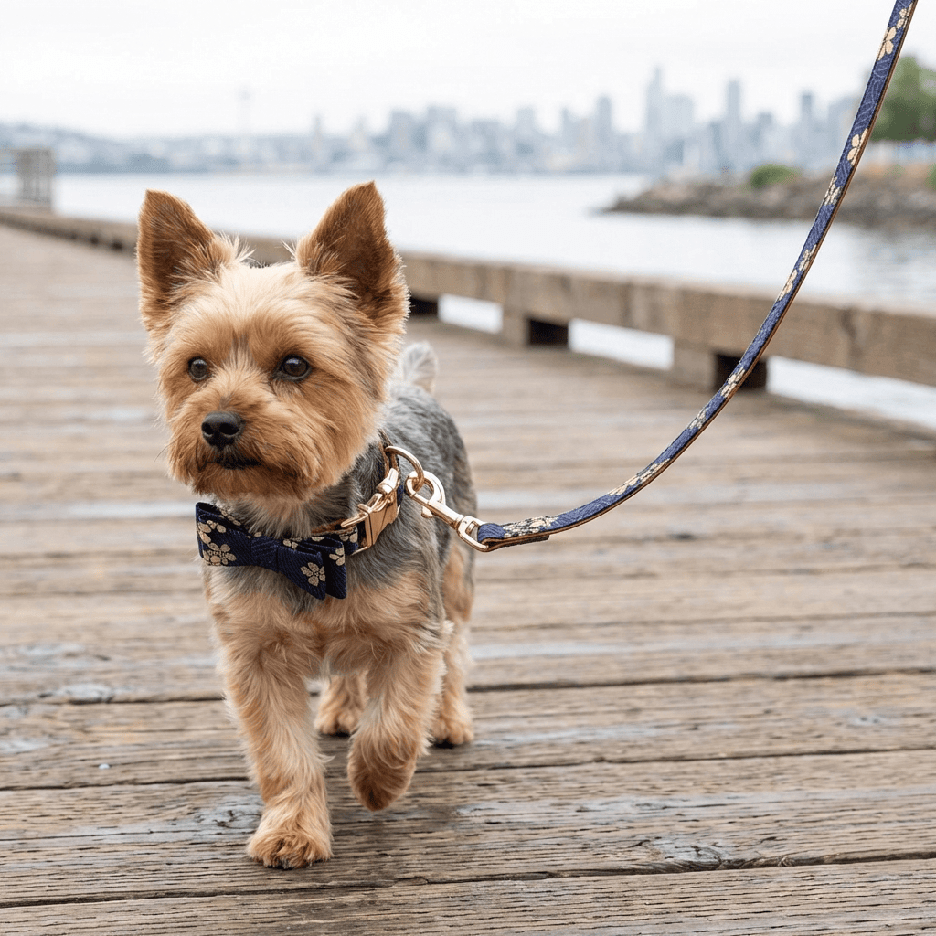 Pet Collar Bandanna worn by a small dog walking on a trail with a leash, designed for comfort and style, by Dogs & Cats.