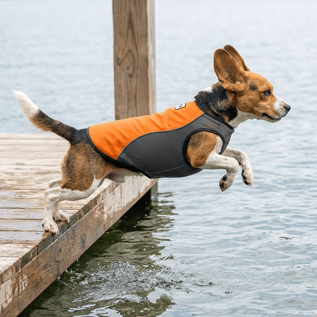 Dog wearing Pet Cooling Vest jumping off a dock into the water, perfect for summer heat relief for Dogs & Cats.