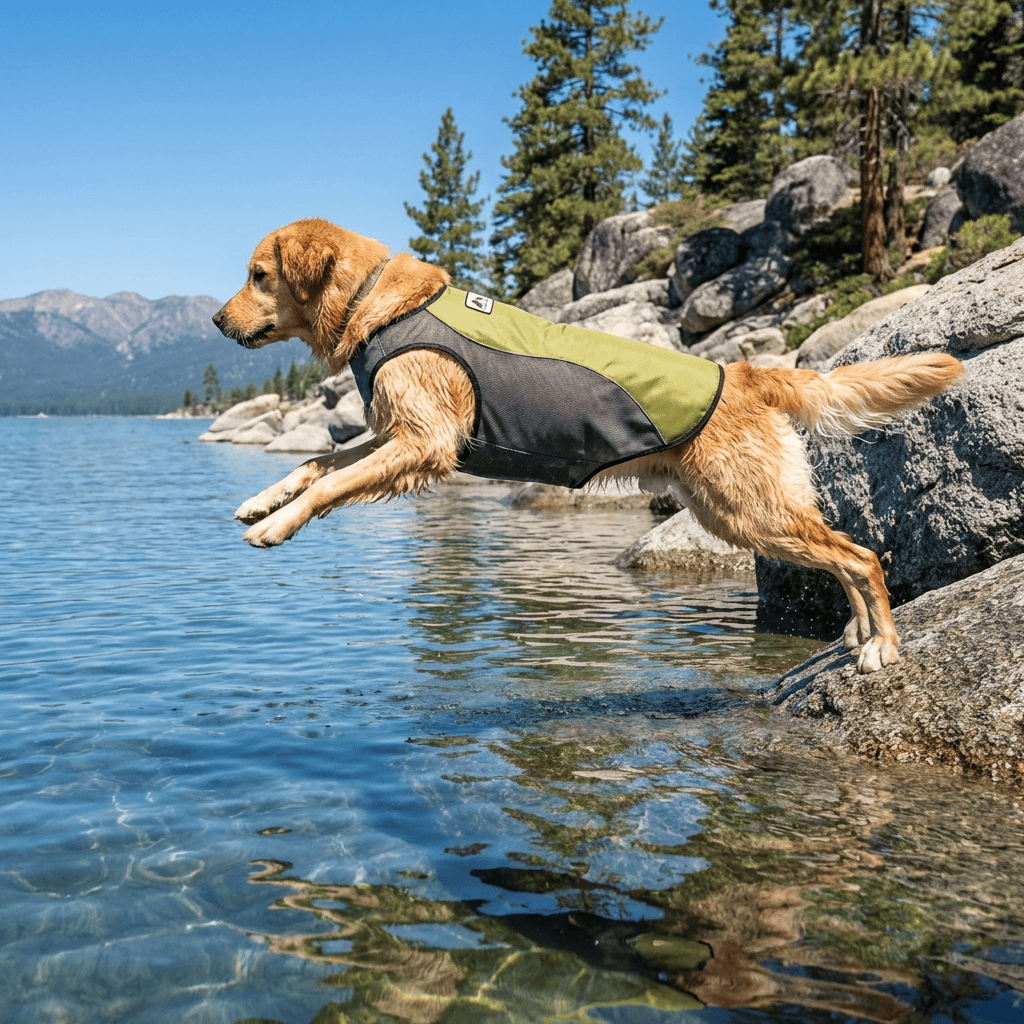 Golden retriever dog wearing Pet Cooling Vest, jumping into water, enjoying hot weather, ideal for dogs and cats.