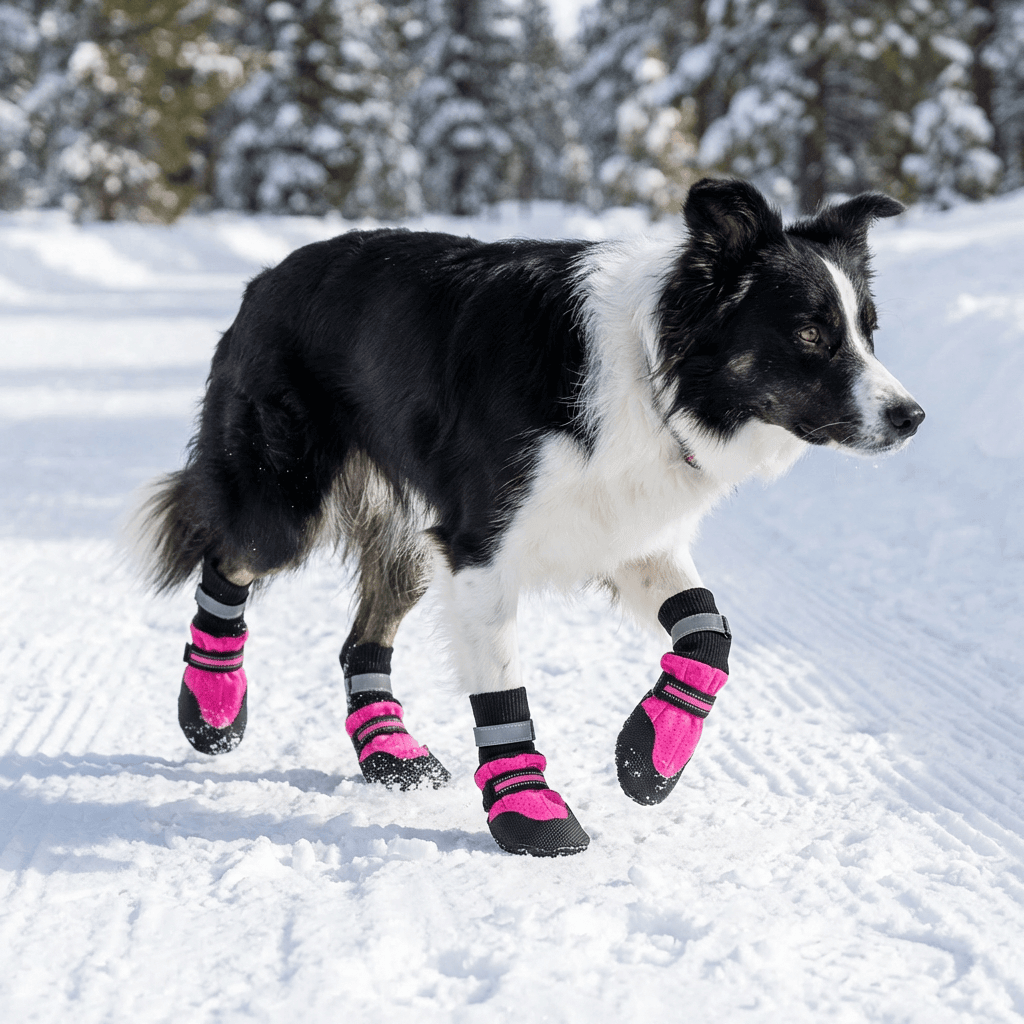 Pet Dog Shoes Anti-slip Snow Pet Boots on black and white dog walking in snow, featuring anti-slip soles and stylish design.