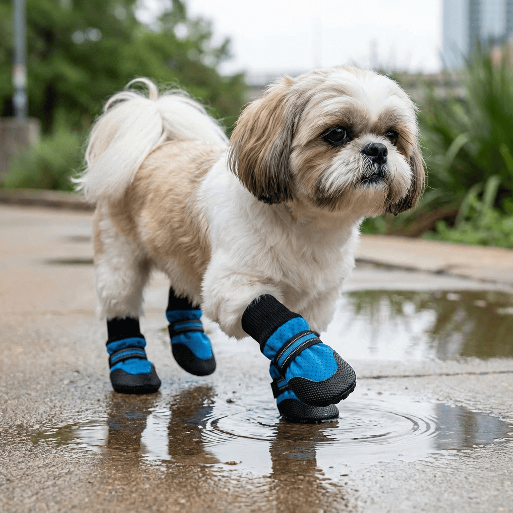 Pet Dog Shoes Anti-slip Snow Pet Boots worn by a Shih Tzu walking in puddles, showcasing durability and skid-resistant features.