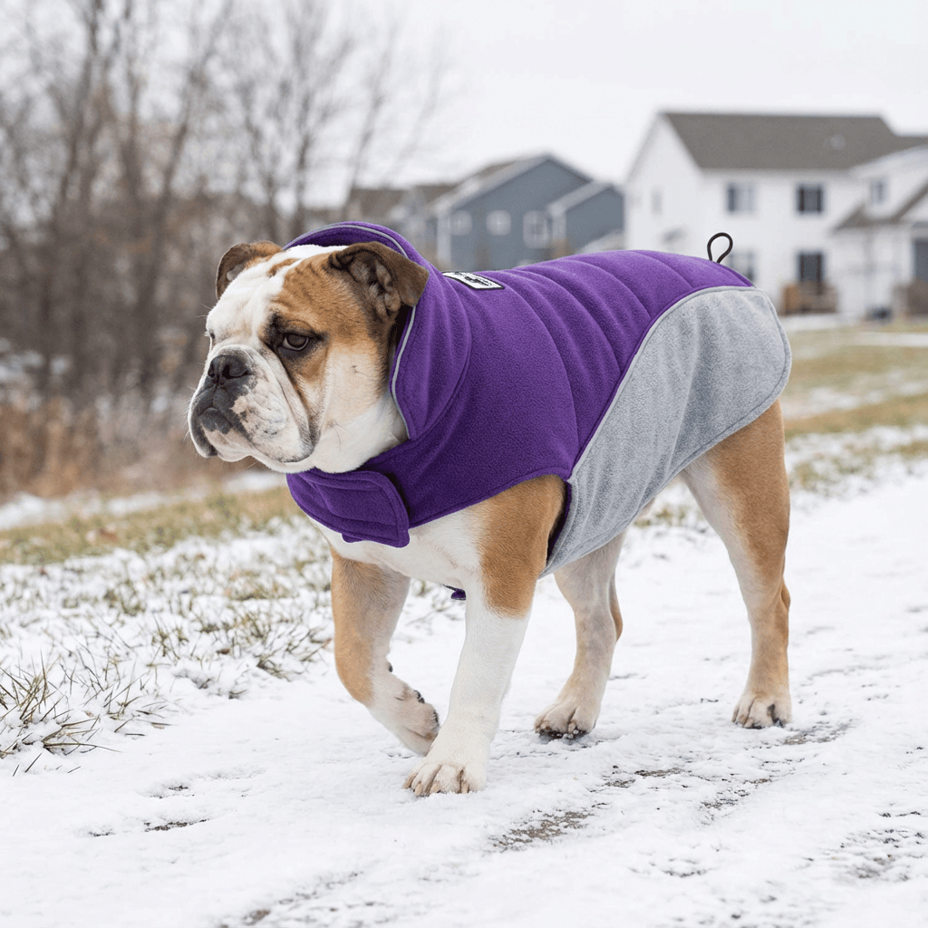 A dog wearing a Pet Fleece Warm Coat in purple and gray, designed for warmth and protection during chilly outdoor walks.