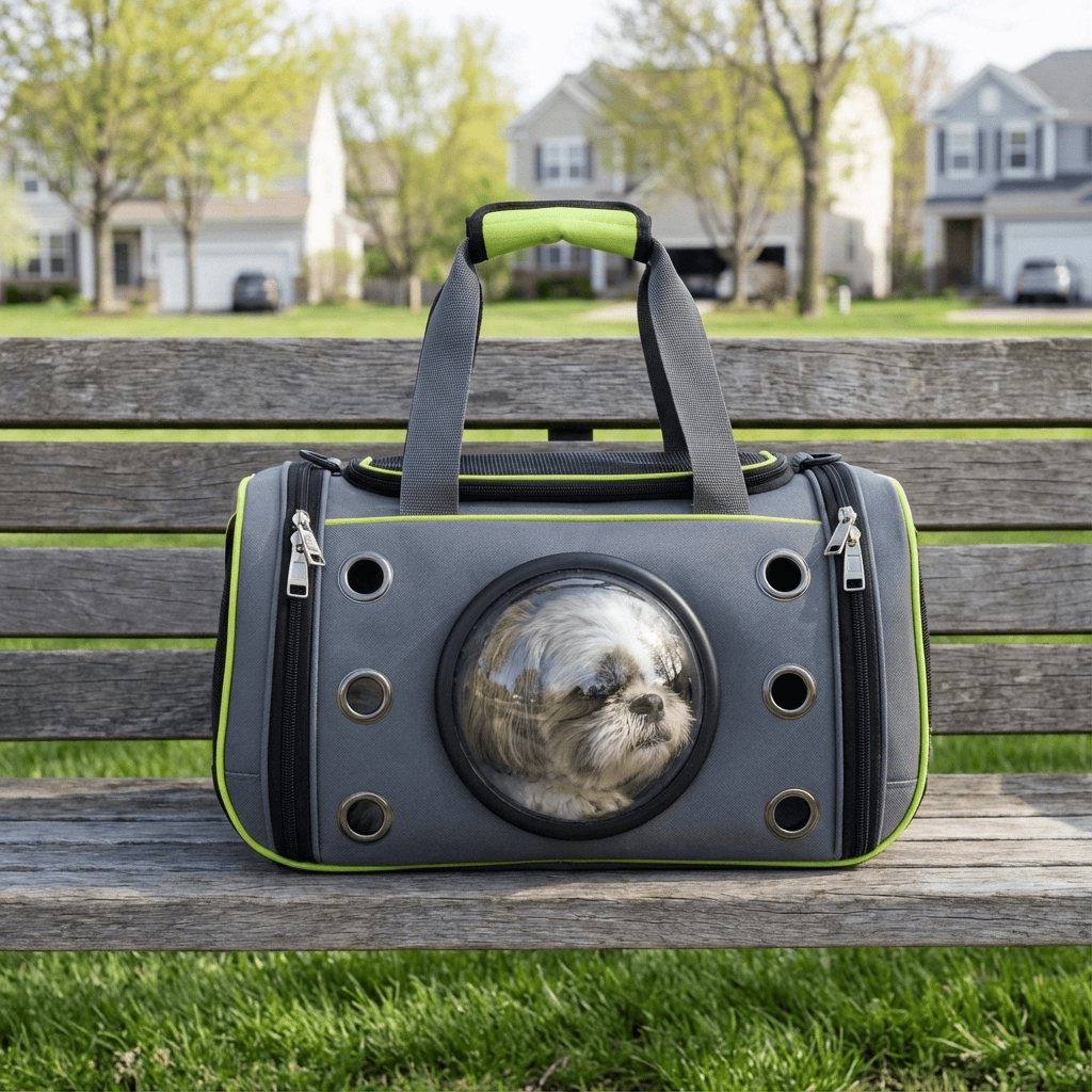 Pet Space Capsule Backpack for Dogs & Cats with semi-sphere window, outdoor adventure carrier on a bench