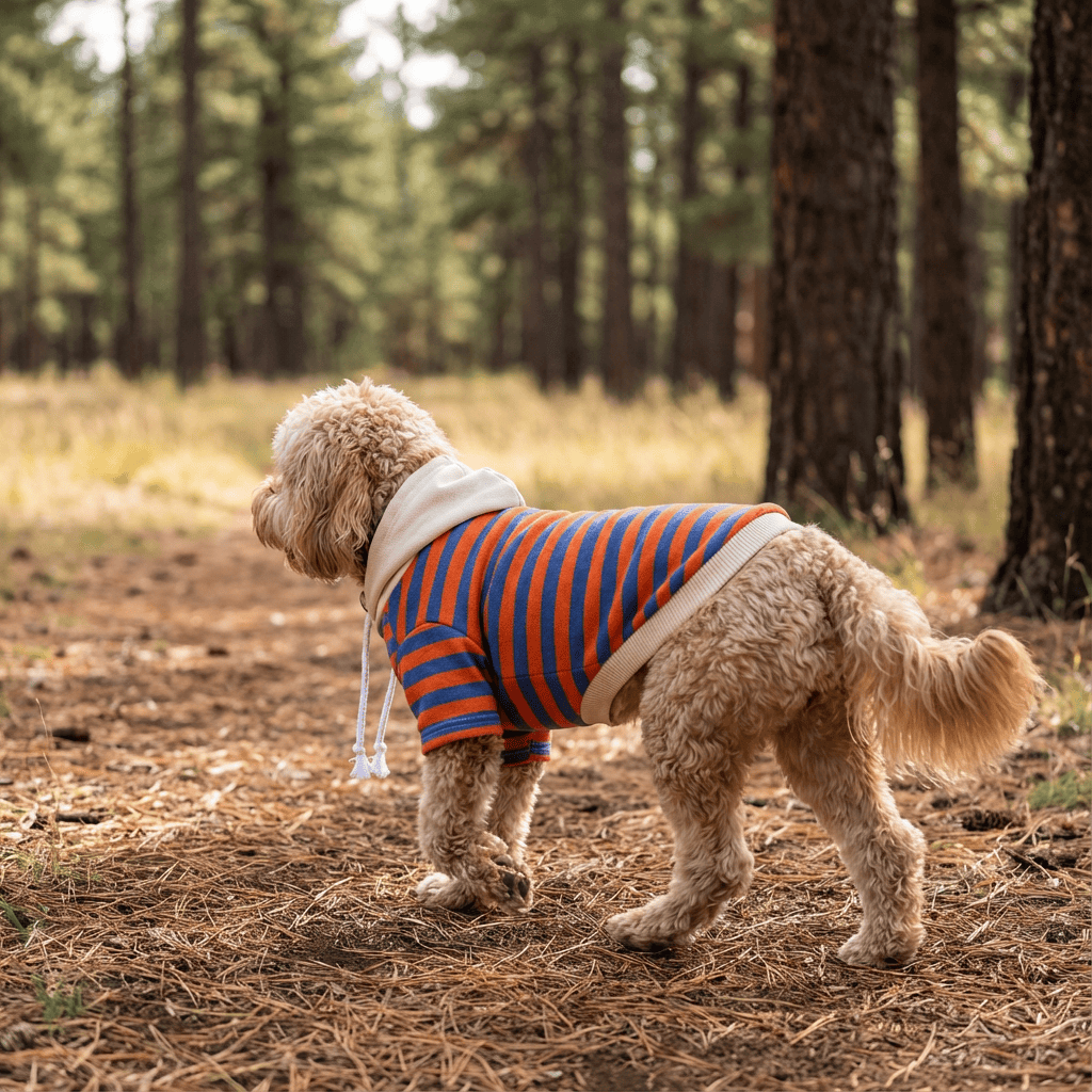Pet Striped Sweater on a dog, featuring a hood, soft fabric, breathable design for comfort, perfect for dogs & cats.