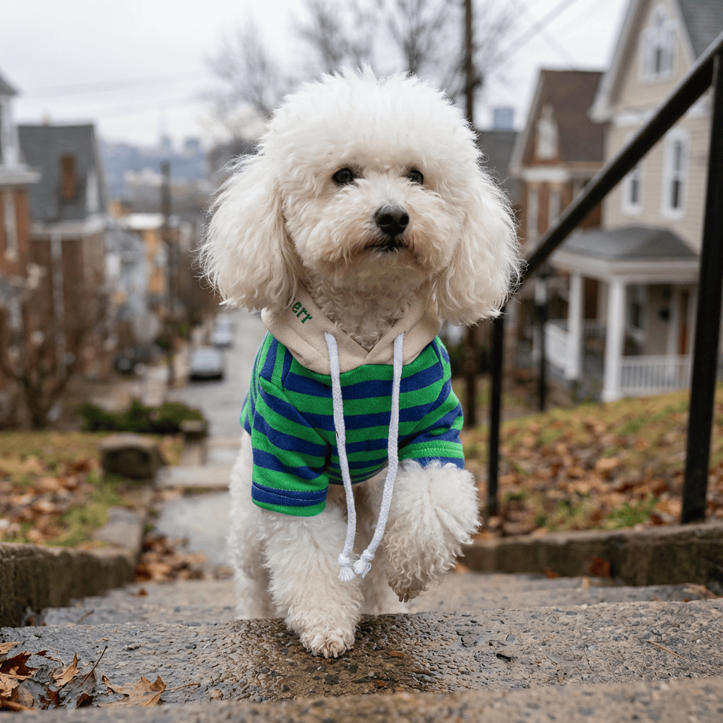 Pet Striped Sweater for Dogs & Cats, stretchy fabric, hooded design, comfortable fit, perfect for outdoor adventures.