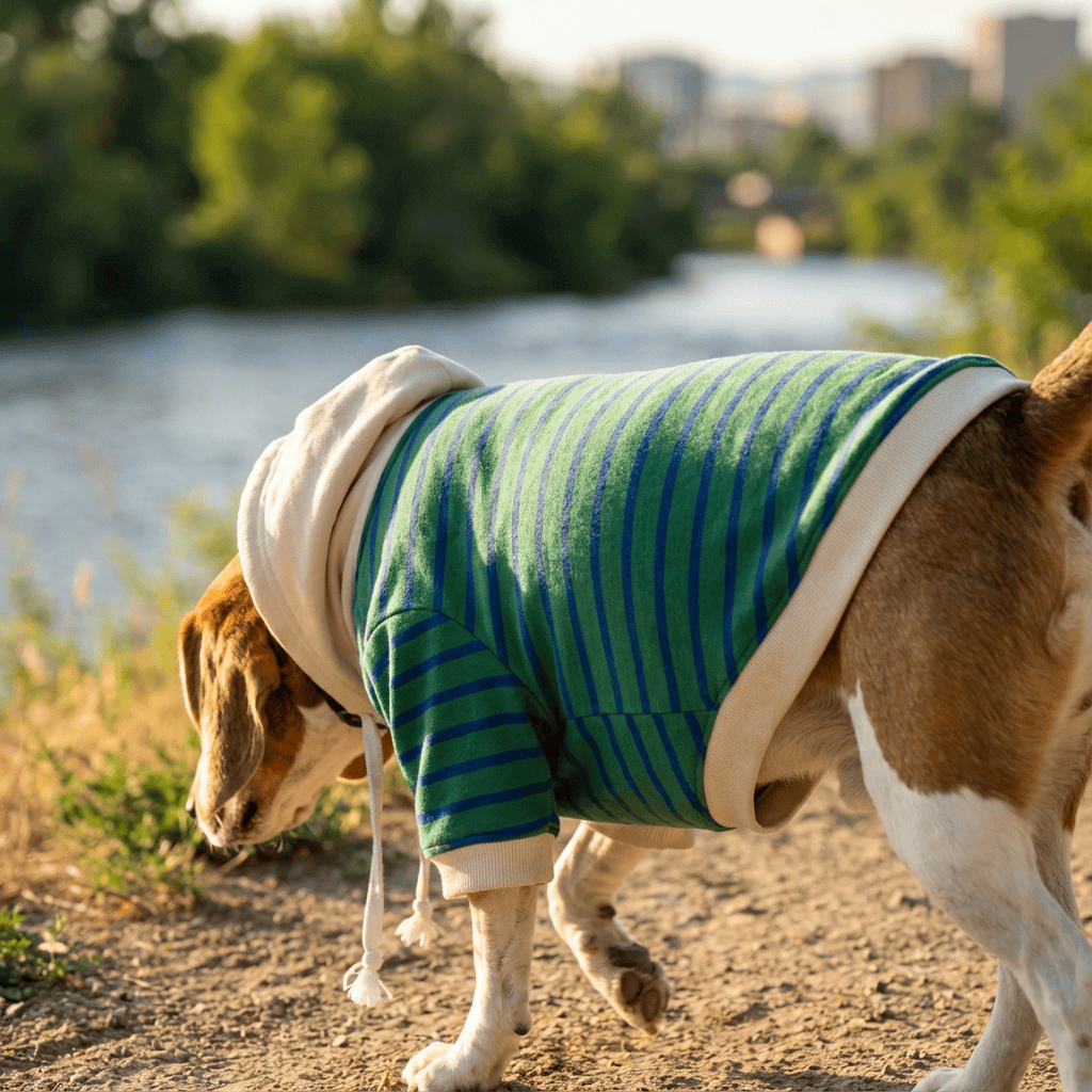 Pet Striped Sweater for Dogs & Cats featuring comfortable fit, stretchy fabric and a hood for warmth.