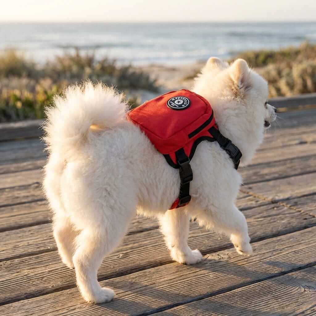 Pet Style Mini Backpack on a fluffy white dog, perfect for adventures, featuring large storage and convenience.