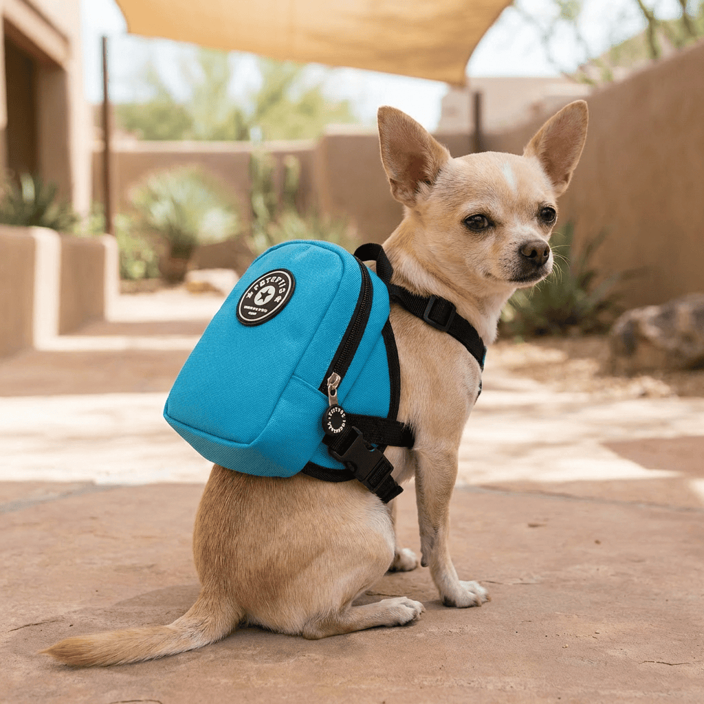 Pet Style Mini Backpack on small dog, featuring blue color, perfect for carrying essentials for dogs & cats.