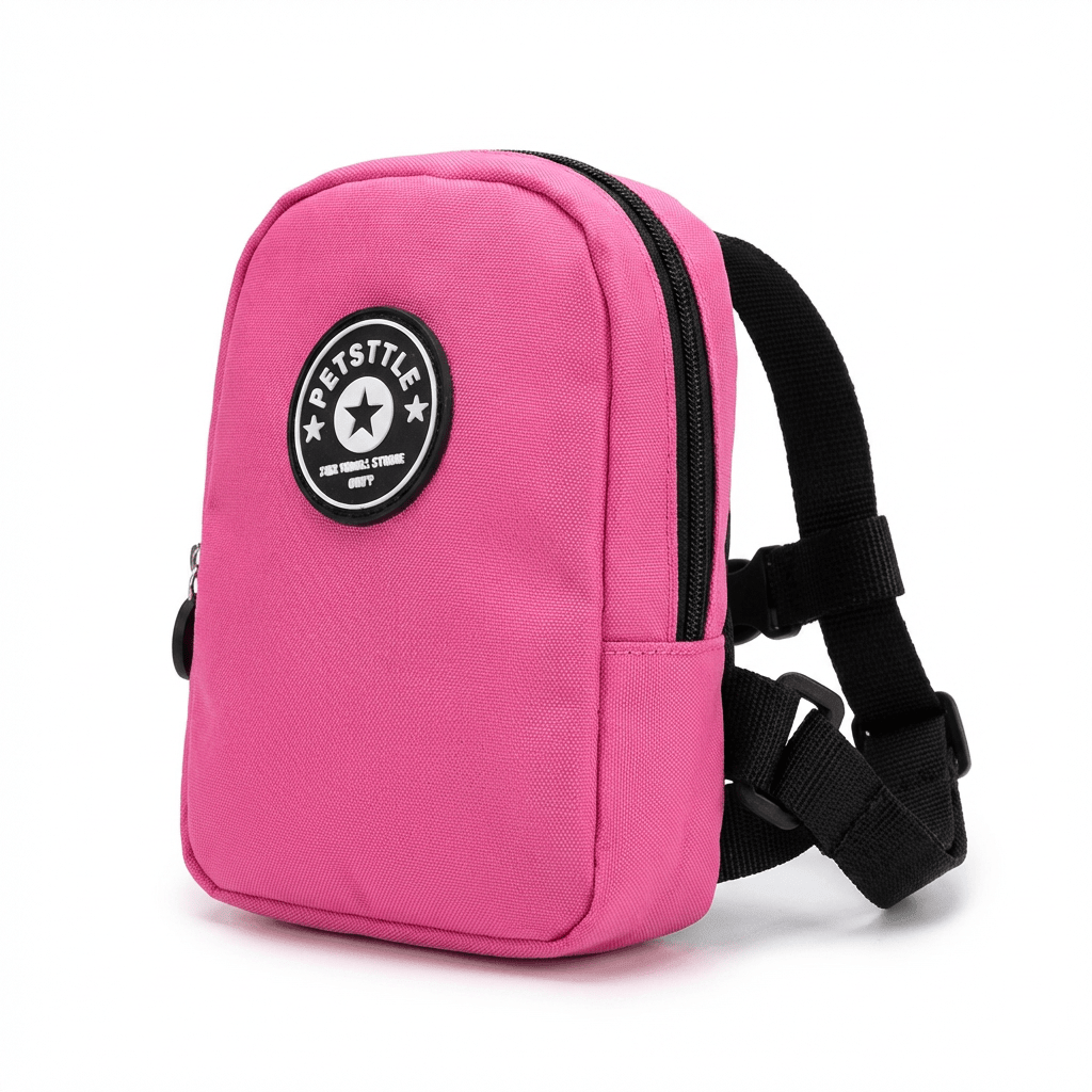 Pet Style Mini Backpack in pink, lightweight design for dogs & cats, features large compartment and easy leash attachment.