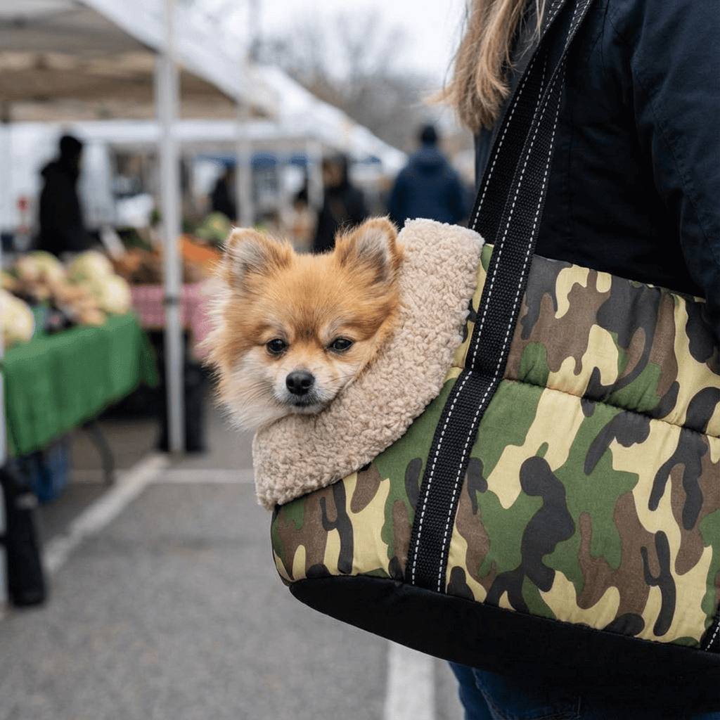 Pet Travel Shoulder Bag featuring a Pomeranian, breathable mesh design for Dogs & Cats, convenient for outings.