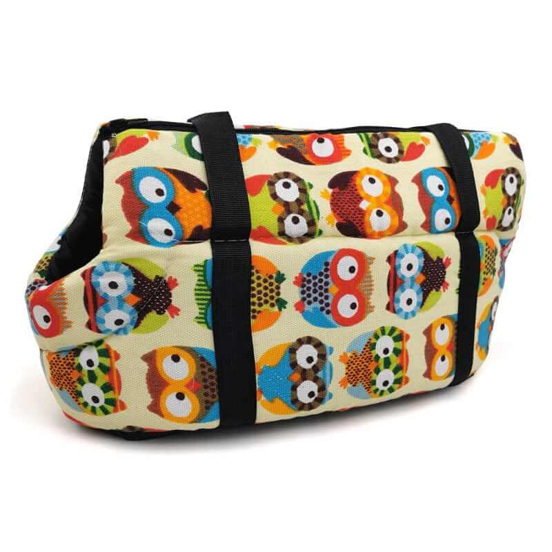 Pet Travel Shoulder Bag for Dogs & Cats with colorful owl pattern, breathable mesh, and comfortable design.