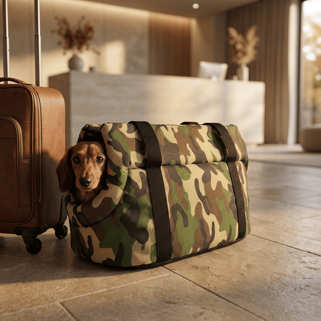 Pet Travel Shoulder Bag for Dogs & Cats, camo design, ideal for comfortable travel, hands-free convenience.