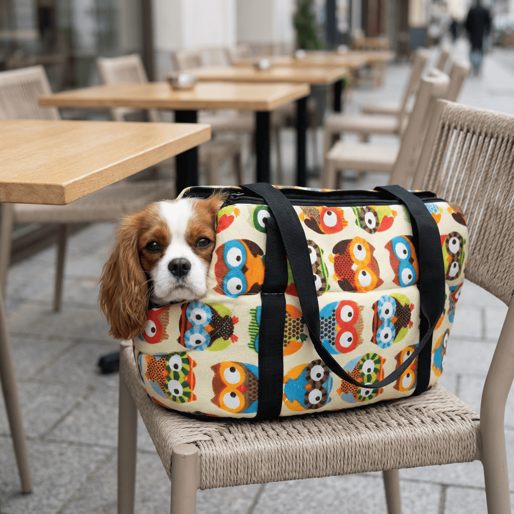 Pet Travel Shoulder Bag with a dog resting inside, featuring colorful owl patterns, perfect for cats and dogs.