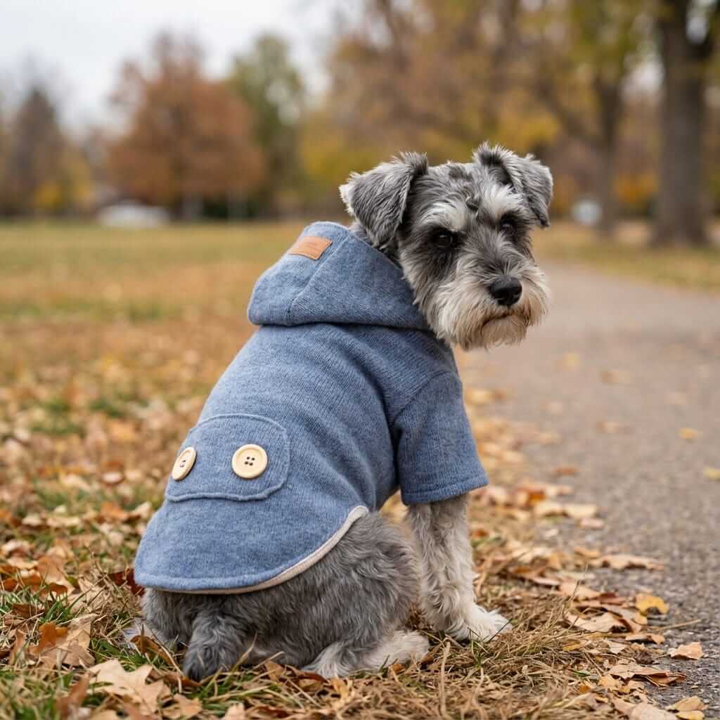 Pet Woolen Coat on a dog, featuring a pullover design and buttoned closure, perfect for Dogs & Cats.