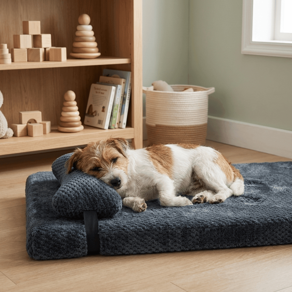 A dog peacefully sleeping on the Pineapple Dreams Pet Bed, showcasing its plush design and cozy warmth.