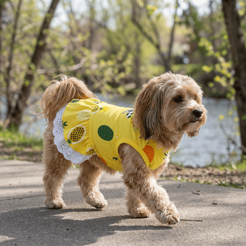 Pineapple Printed Dog Dress on a dog, featuring a ruffle bottom and pineapple pattern, perfect for spring and summer.