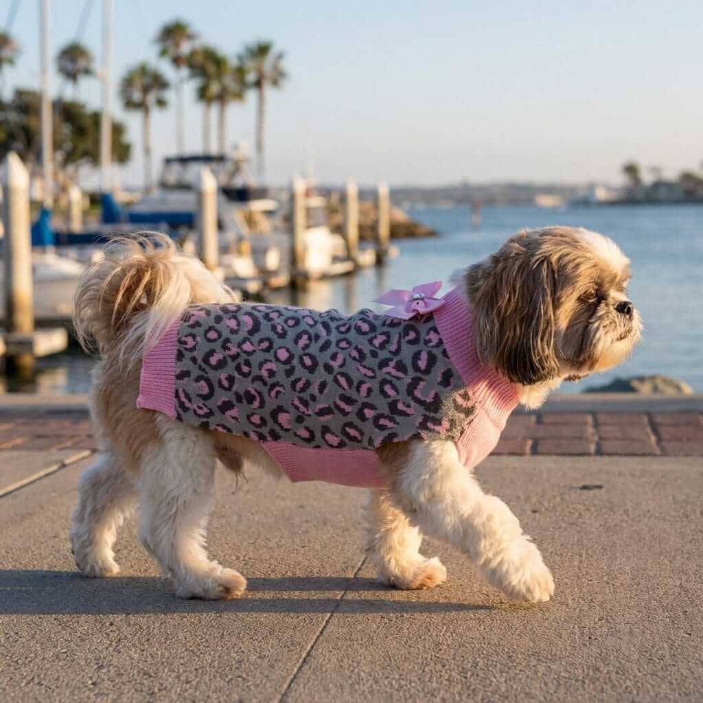 Dog wearing Pink Leopard Bow Sweater by Dogs & Cats, featuring cozy turtleneck and stylish leopard print design.