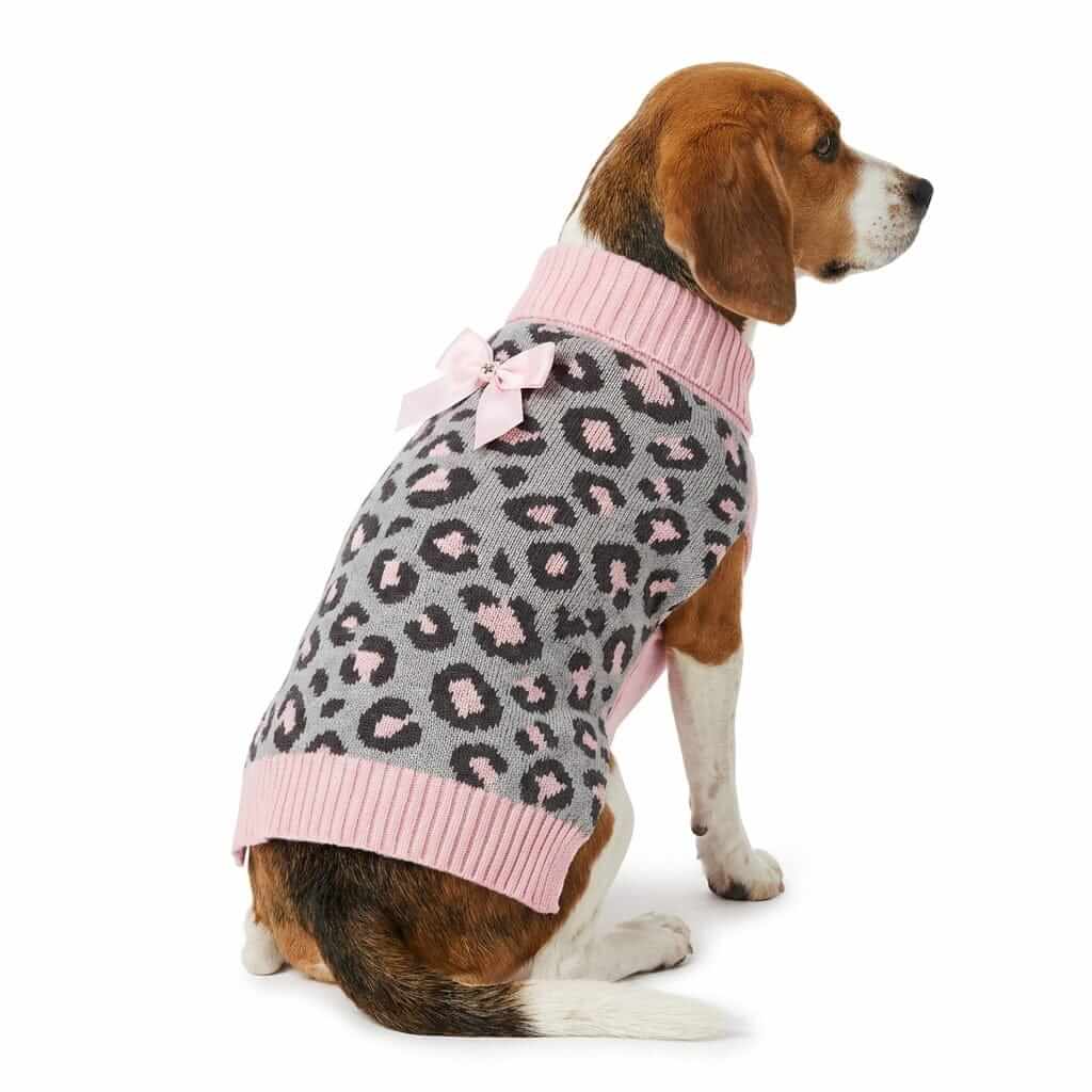Pink Leopard Bow Sweater on a dog, featuring cozy turtleneck, soft acrylic material, perfect for dogs and cats.