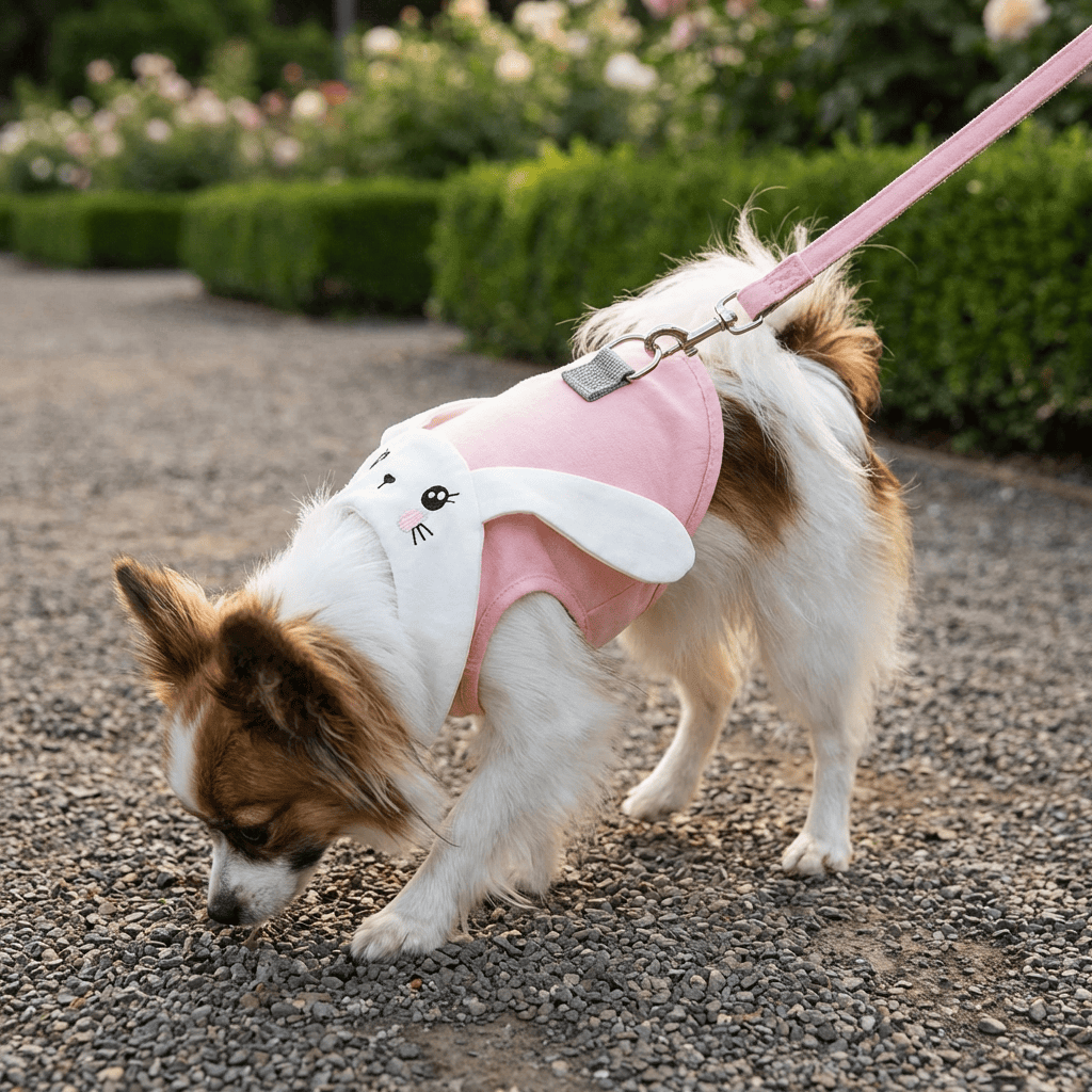 Pink Rabbit Harness Set for dogs, lightweight and breathable, features bunny ears, perfect for outdoor walks.