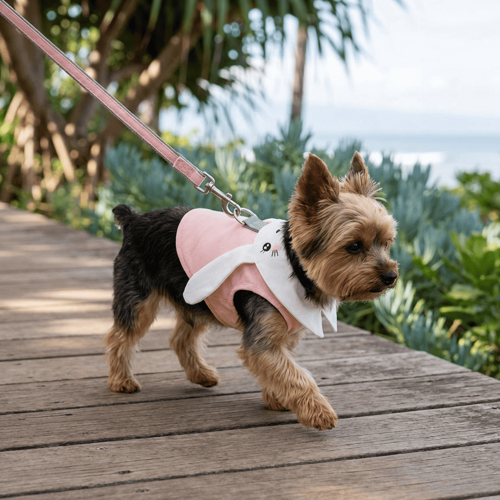 Dog wearing Pink Rabbit Harness Set, lightweight harness with soft inner, ideal for outdoor walks, by Dogs & Cats.