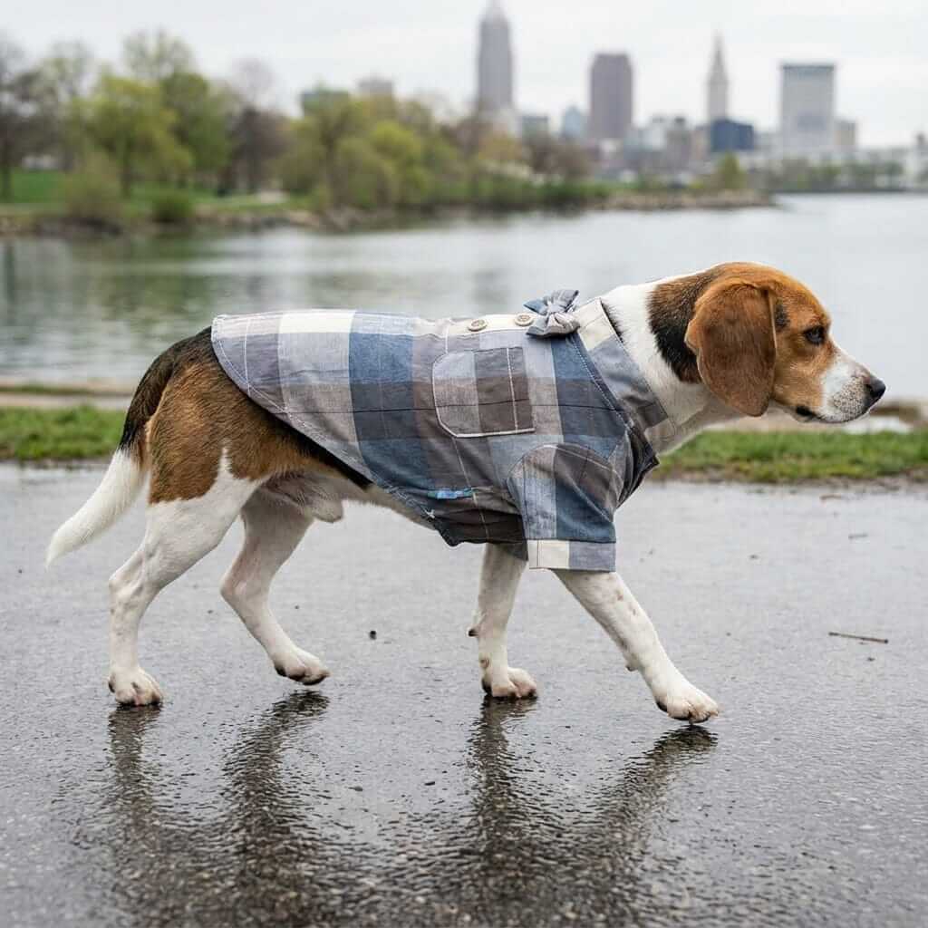 Plaid Bow Tie Stand Collar Shirt on a Beagle walking by the water, featuring breathable fabric and a stylish plaid design.
