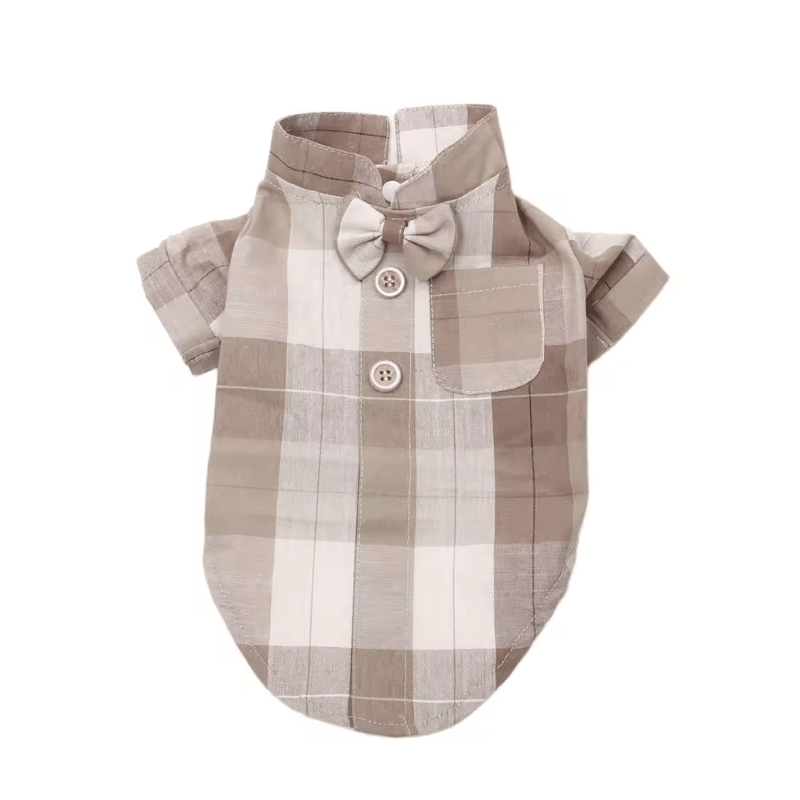 Plaid Bow Tie Stand Collar Shirt for dogs & cats, features lightweight, breathable fabric with button fasteners for comfort.