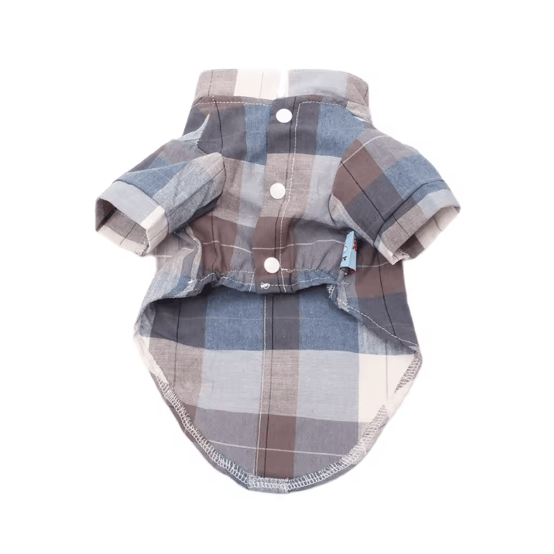 Plaid Bow Tie Stand Collar Shirt for dogs & cats, featuring breathable fabric and button fasteners. Perfect plaid fashion.