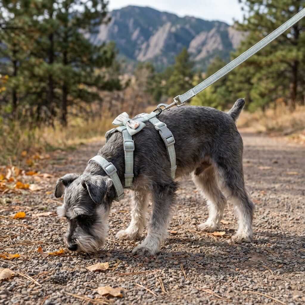 Plaid Bowknot Dog Harness on a small dog exploring a trail in nature, showcasing its durable construction and comfy fit.