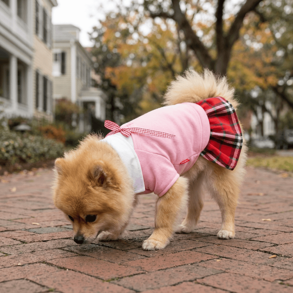 Plaid Dog Skirt Dress on a Pomeranian, stylish slip-on design, perfect for spring and summer from Dogs & Cats.