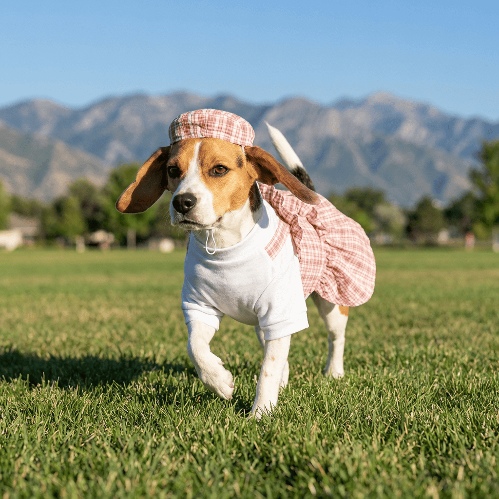 Plaid Dog Uniform Dress on a beagle, featuring breathable cotton, a flared skirt, and a lightweight feel.