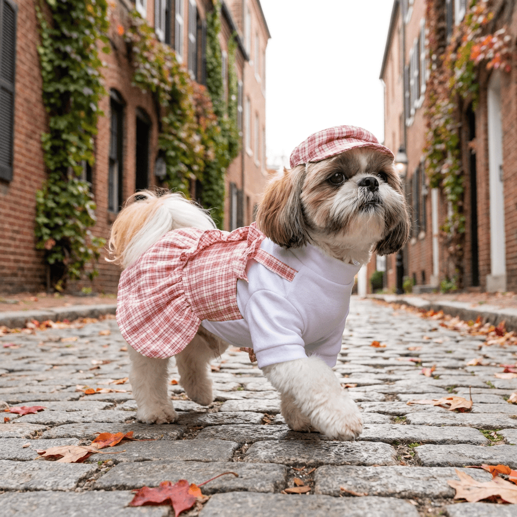Plaid Dog Uniform Dress on a dog, featuring breathable cotton, relaxed fit, and adorable ruffle style for Dogs & Cats.