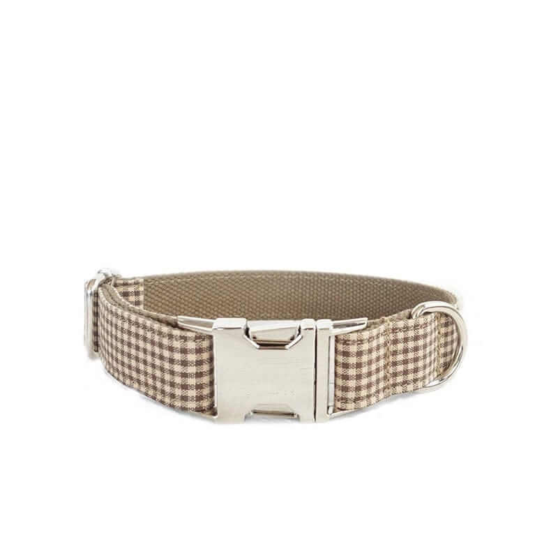 Plaid Elegance Dog Collar & Leash Set featuring a stylish plaid collar designed for dogs of all sizes by Dogs & Cats.